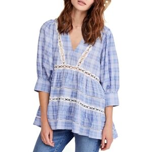Free People Tunic Time Out Plaid Lace Trim Top size Medium